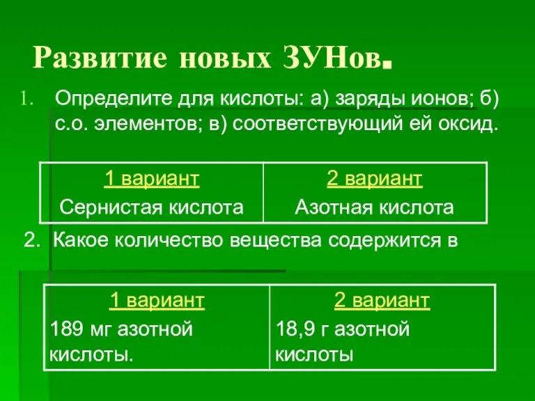 Развитие новых ЗУНов. Определите для кислоты: а) заряды ионов; б) с.о. элементов;