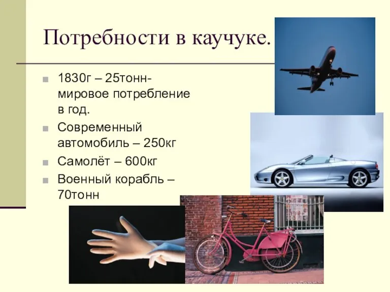 Потребности в каучуке. 1830г – 25тонн- мировое потребление в год. Современный автомобиль