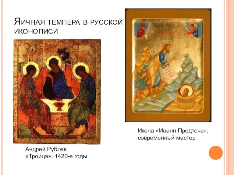 Яичная темпера в русской иконописи Андрей Рублев. «Троица». 1420-е годы Икона «Иоанн Предтеча», современный мастер