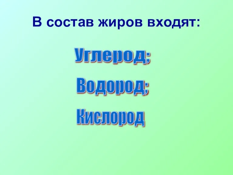 В состав жиров входят: Углерод; Водород; Кислород