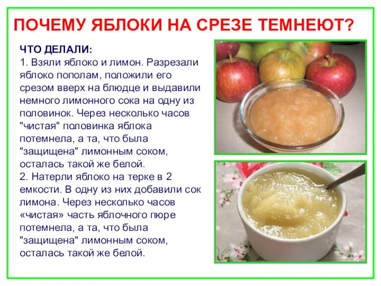 ПОЧЕМУ ЯБЛОКИ НА СРЕЗЕ ТЕМНЕЮТ? ЧТО ДЕЛАЛИ: 1. Взяли яблоко и лимон.