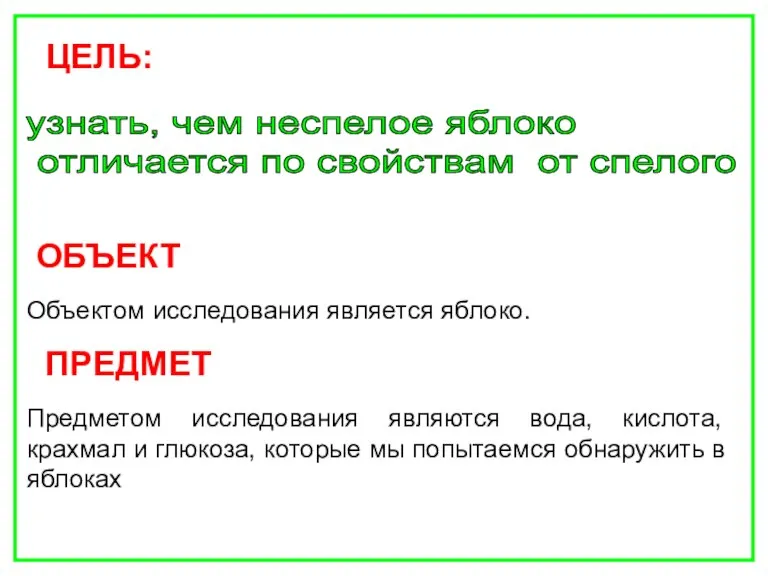 ОБЪЕКТ Объектом исследования является яблоко. ПРЕДМЕТ Предметом исследования являются вода, кислота, крахмал