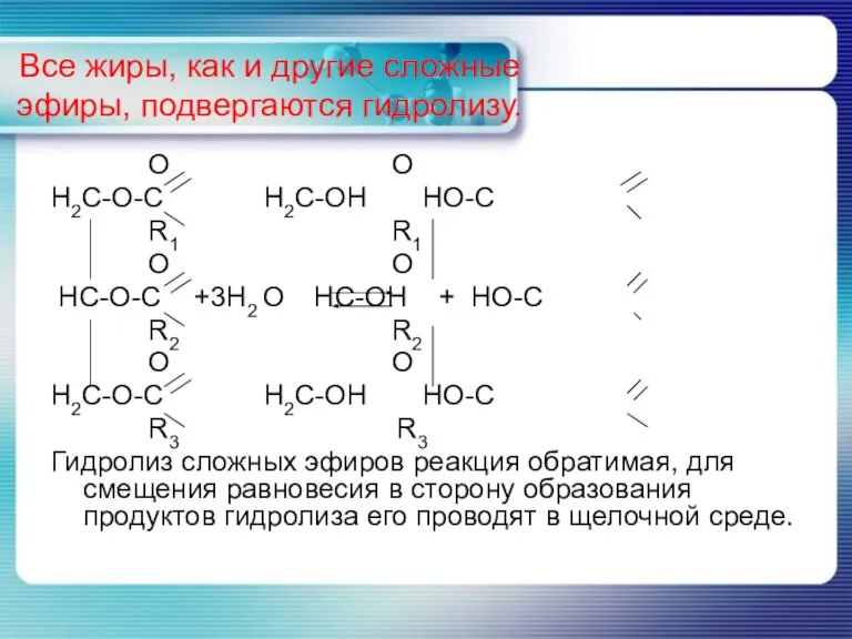 Все жиры, как и другие сложные эфиры, подвергаются гидролизу. O O H2C-O-C