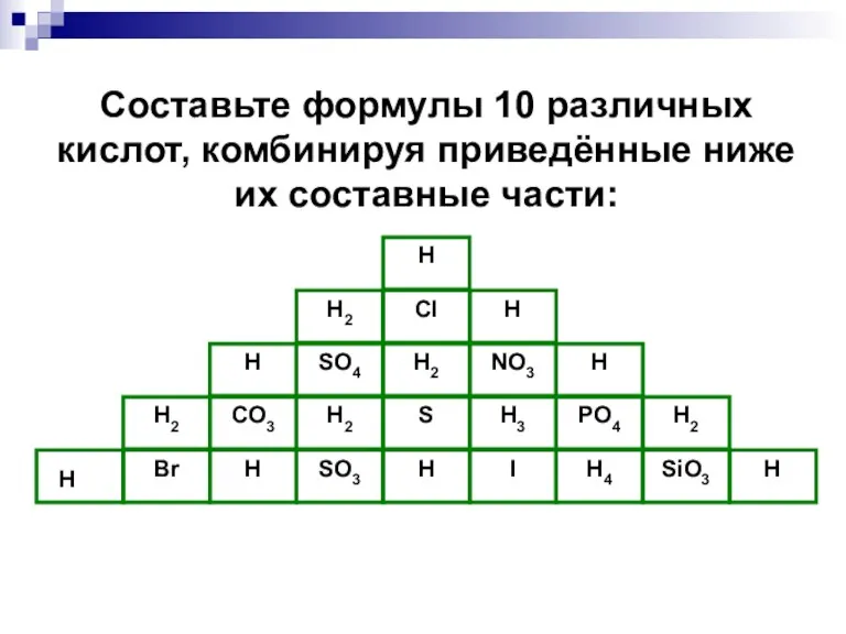 Н Cl Н2 Н SO4 H2 NO3 H H2 CO3 H2 S