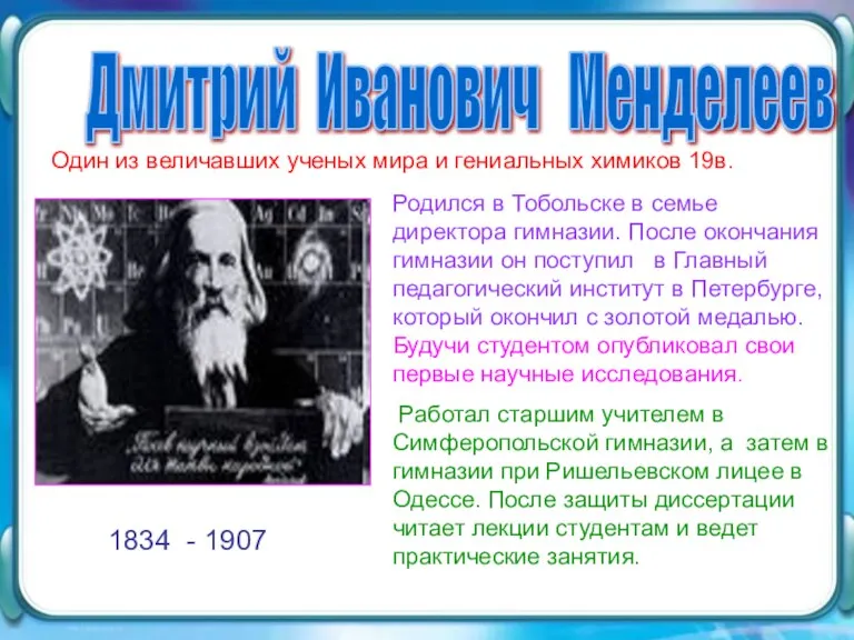 Дмитрий Иванович Менделеев Родился в Тобольске в семье директора гимназии. После окончания