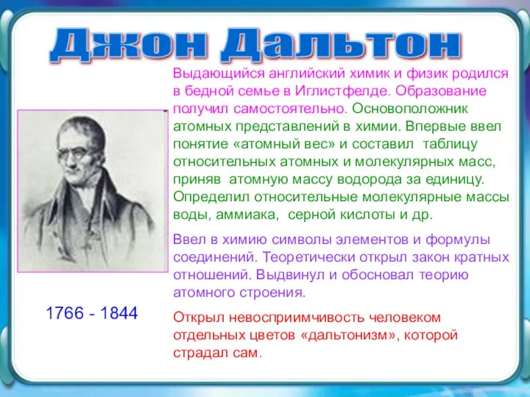 Джон Дальтон 1766 - 1844 Выдающийся английский химик и физик родился в