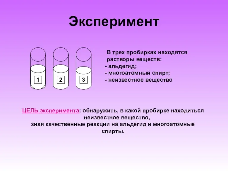 Эксперимент 1 2 3 В трех пробирках находятся растворы веществ: альдегид; многоатомный