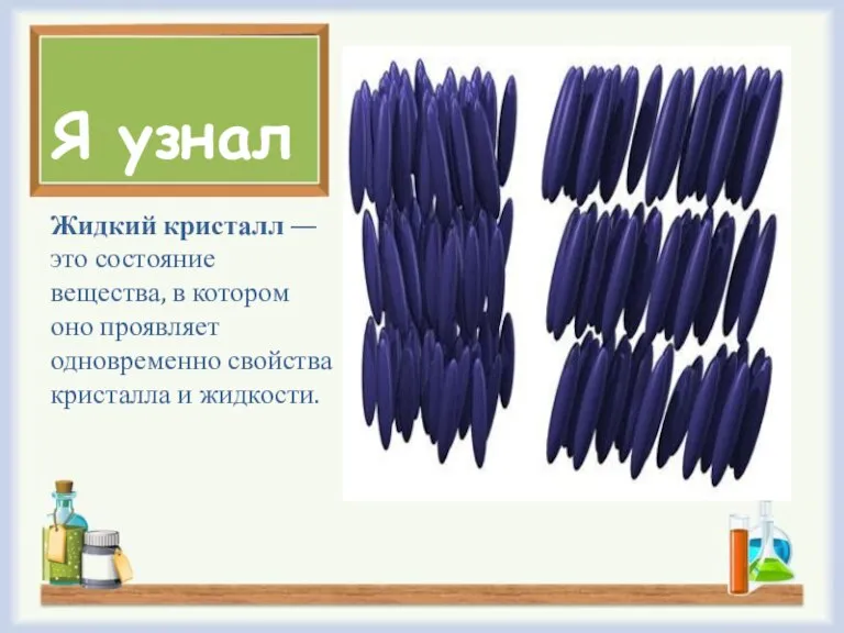 Я узнал Жидкий кристалл — это состояние вещества, в котором оно проявляет