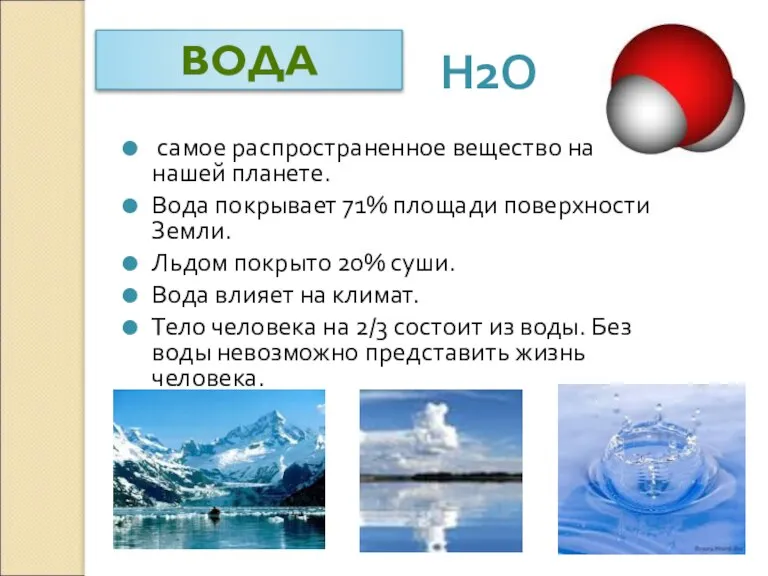 ВОДА Н2О самое распространенное вещество на нашей планете. Вода покрывает 71% площади