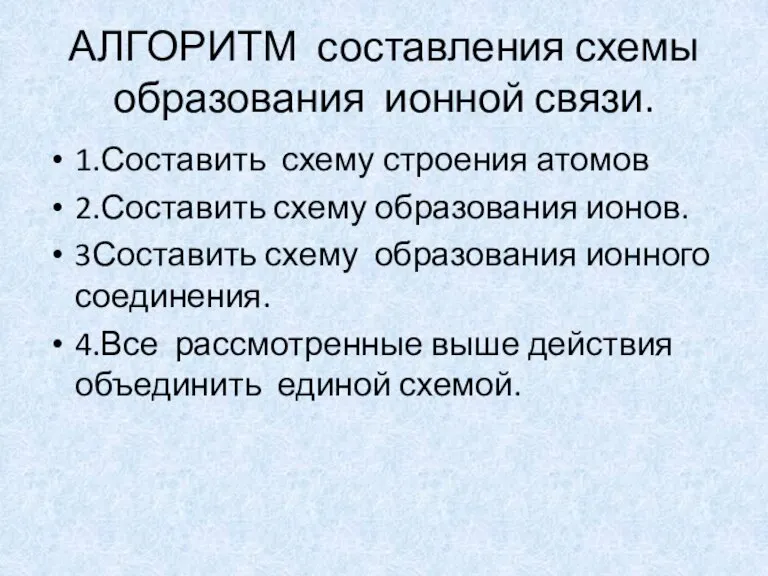 АЛГОРИТМ составления схемы образования ионной связи. 1.Составить схему строения атомов 2.Составить схему