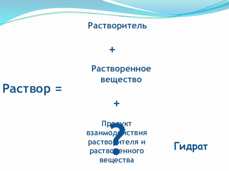 Раствор = Растворитель + Растворенное вещество + Продукт взаимодействия растворителя и растворенного вещества Гидрат ?