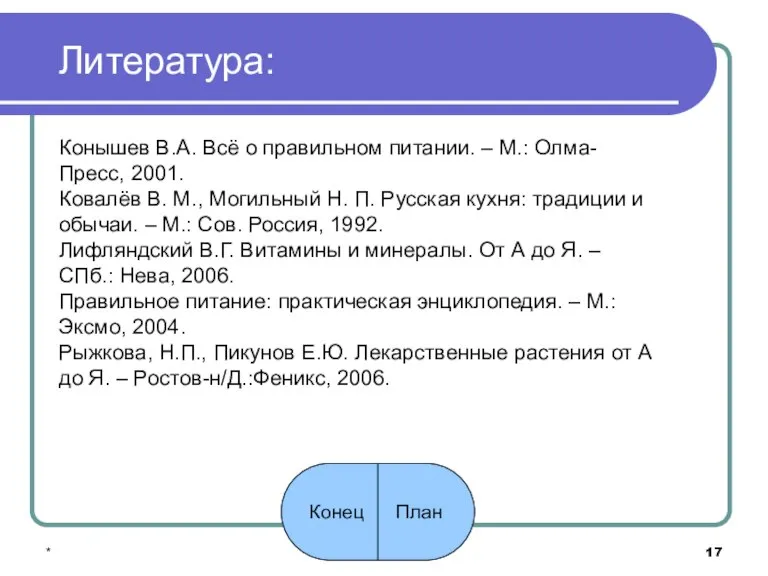 * Конышев В.А. Всё о правильном питании. – М.: Олма-Пресс, 2001. Ковалёв