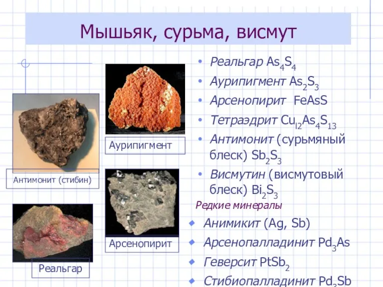 Мышьяк, сурьма, висмут Реальгар As4S4 Аурипигмент As2S3 Арсенопирит FeAsS Тетраэдрит Cul2As4S13 Антимонит