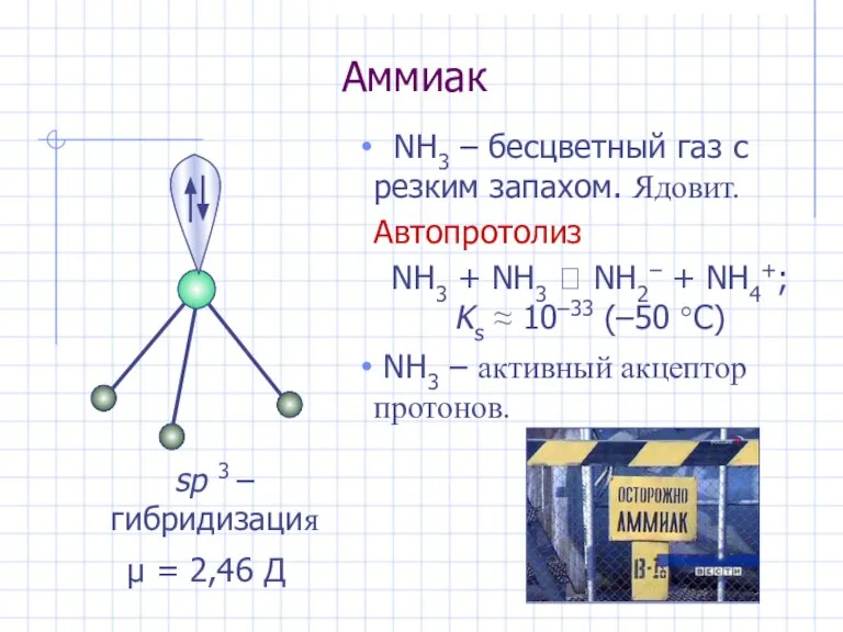 Аммиак NH3 – бесцветный газ с резким запахом. Ядовит. Автопротолиз NH3 +