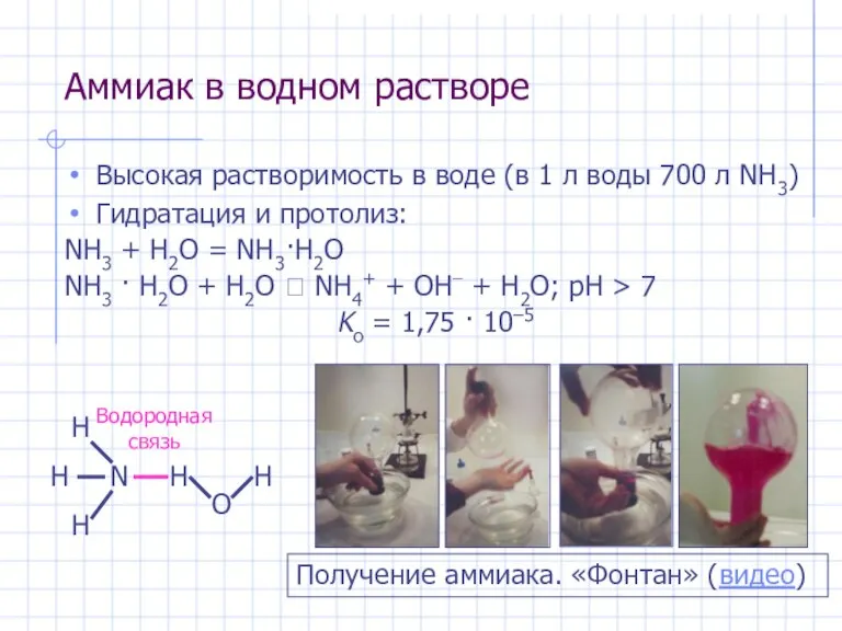 Аммиак в водном растворе Высокая растворимость в воде (в 1 л воды