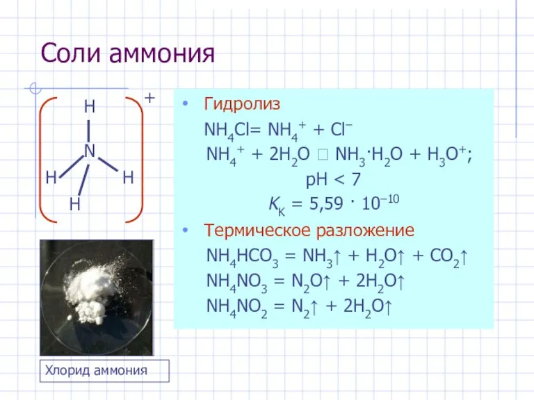 Соли аммония Гидролиз NH4Cl= NH4+ + Cl– NH4+ + 2H2O ⮀ NH3·H2O