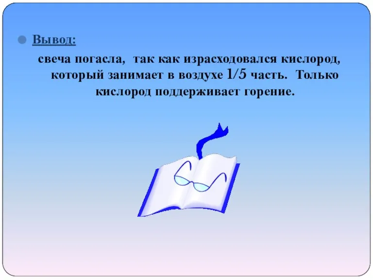 Вывод: свеча погасла, так как израсходовался кислород, который занимает в воздухе 1/5