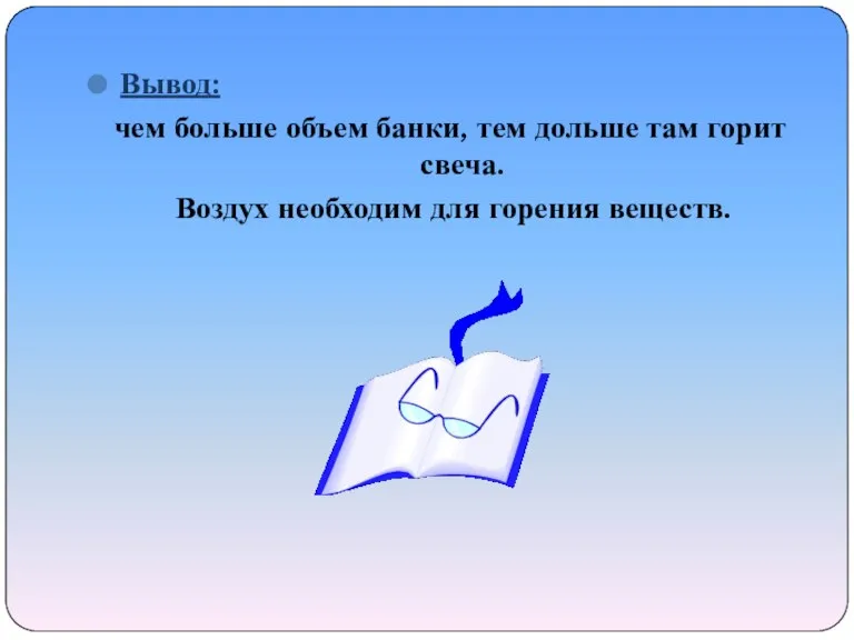 Вывод: чем больше объем банки, тем дольше там горит свеча. Воздух необходим для горения веществ.