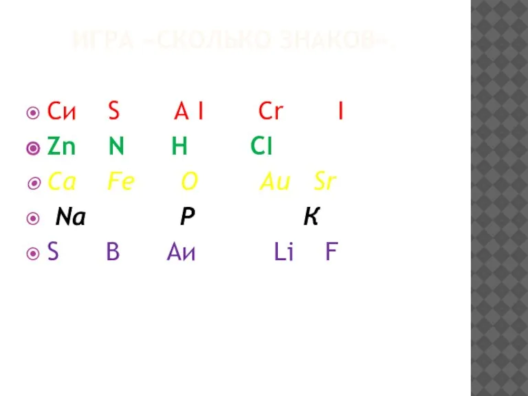 ИГРА «СКОЛЬКО ЗНАКОВ». Си S А I Cr I Zn N Н