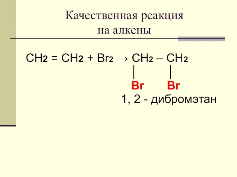 Качественная реакция на алкены CH2 = CH2 + Br2 → CH2 –