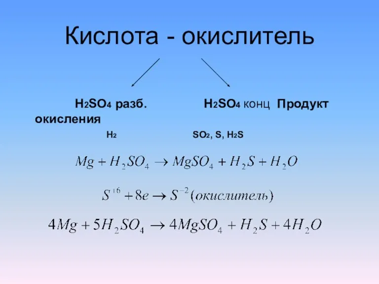 Кислота - окислитель H2SO4 разб. H2SO4 конц Продукт окисления H2 SO2, S, H2S