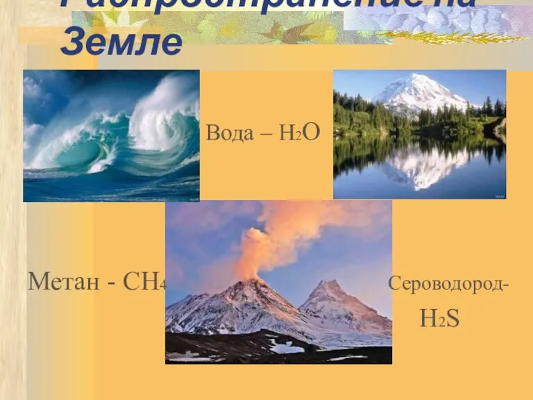 Распространение на Земле Вода – Н2О Метан - CH4 Сероводород- H2S