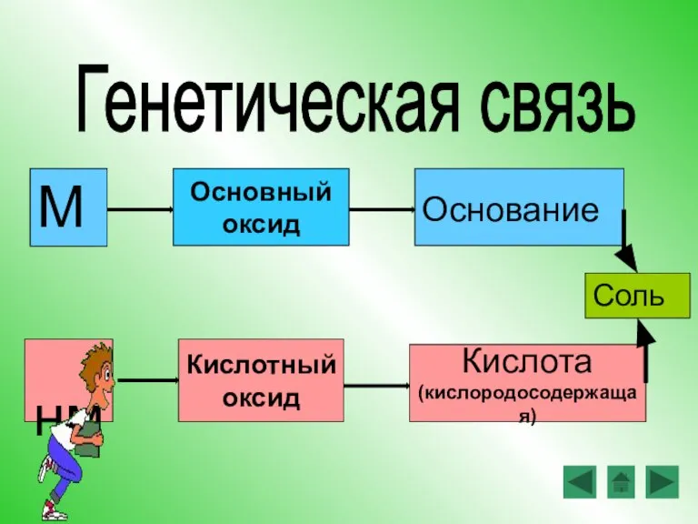 М Основание нм Кислота (кислородосодержащая) Генетическая связь Основный оксид Кислотный оксид Соль