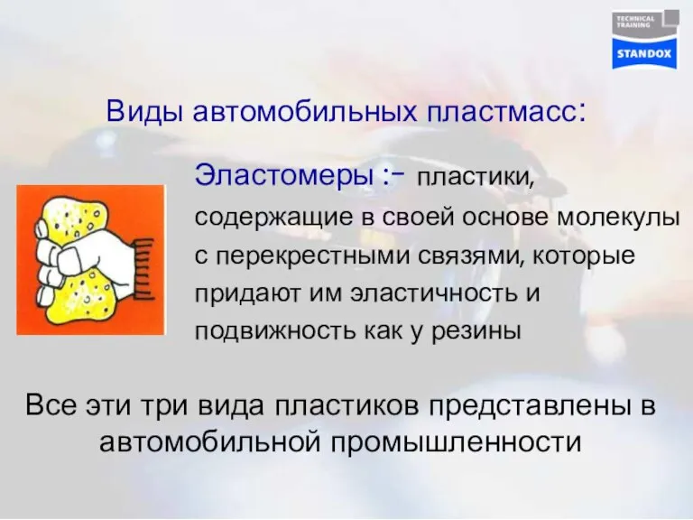 Виды автомобильных пластмасс: Эластомеры :- пластики, содержащие в своей основе молекулы с