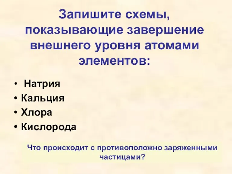 Запишите схемы, показывающие завершение внешнего уровня атомами элементов: Натрия Кальция Хлора Кислорода