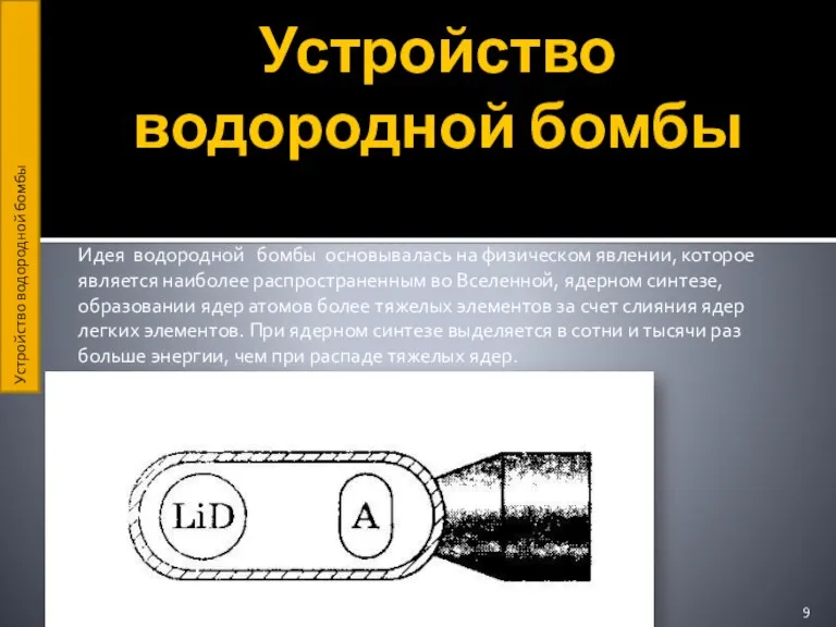 Устройство водородной бомбы Идея водородной бомбы основывалась на физическом явлении, которое является