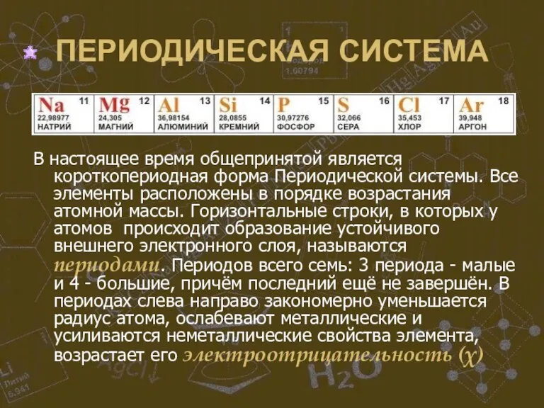 ПЕРИОДИЧЕСКАЯ СИСТЕМА В настоящее время общепринятой является короткопериодная форма Периодической системы. Все