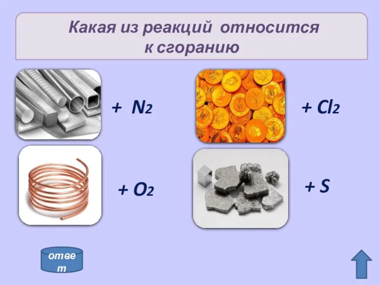 Какая из реакций относится к сгоранию + N2 + O2 + Cl2 + S ответ