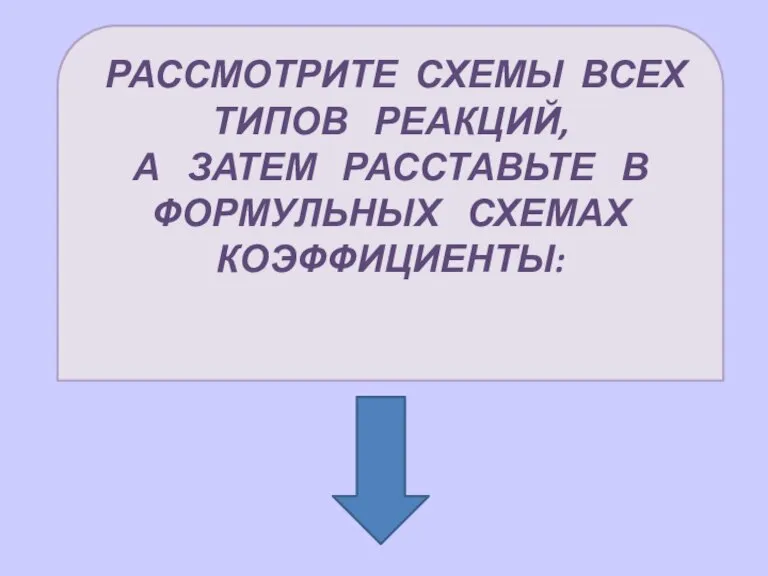 РАССМОТРИТЕ СХЕМЫ ВСЕХ ТИПОВ РЕАКЦИЙ, А ЗАТЕМ РАССТАВЬТЕ В ФОРМУЛЬНЫХ СХЕМАХ КОЭФФИЦИЕНТЫ: