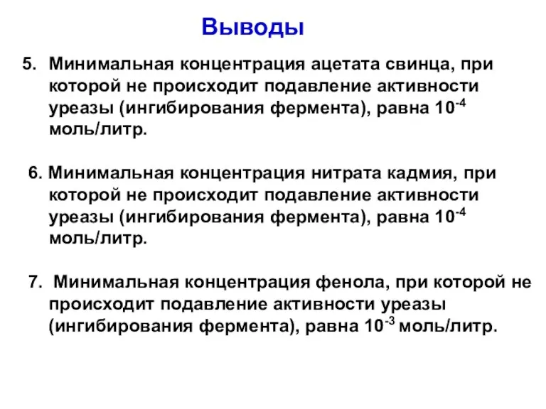 Минимальная концентрация ацетата свинца, при которой не происходит подавление активности уреазы (ингибирования