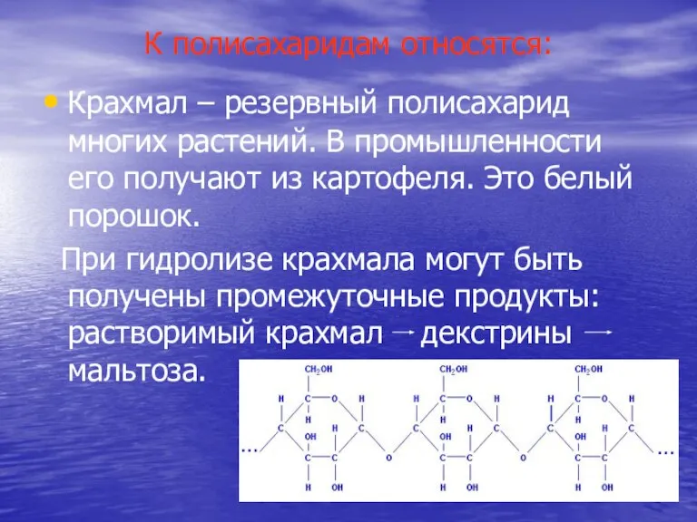 К полисахаридам относятся: Крахмал – резервный полисахарид многих растений. В промышленности его