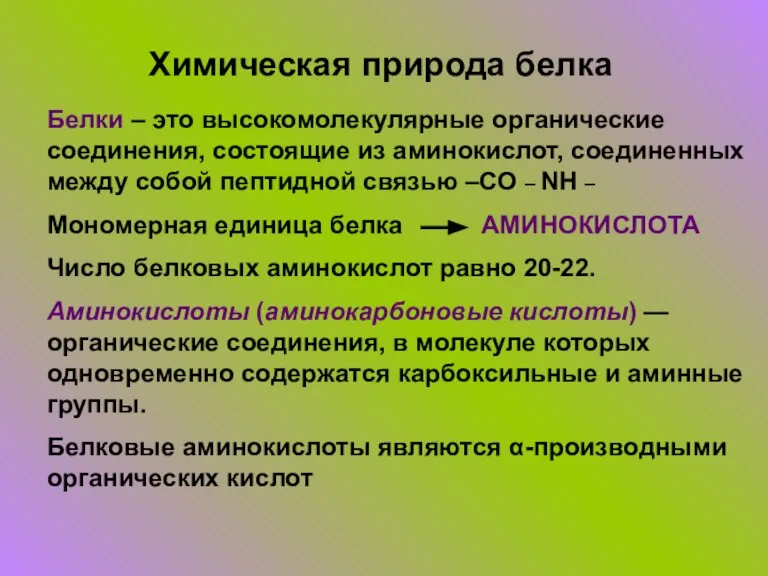 Белки – это высокомолекулярные органические соединения, состоящие из аминокислот, соединенных между собой