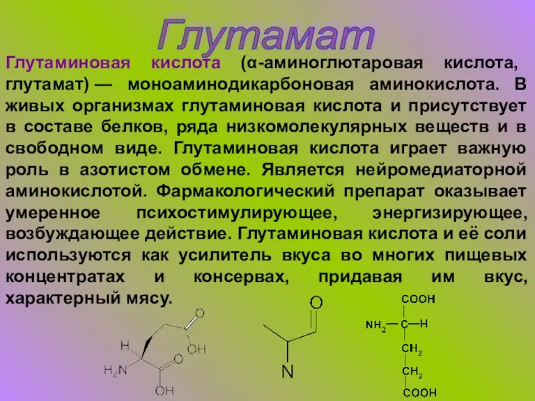 Глутамат Глутаминовая кислота (α-аминоглютаровая кислота, глутамат) — моноаминодикарбоновая аминокислота. В живых организмах