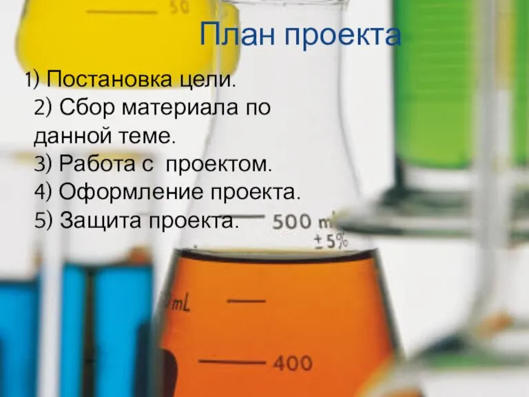 План проекта 1) Постановка цели. 2) Сбор материала по данной теме. 3)