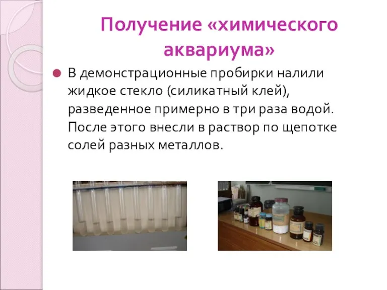 Получение «химического аквариума» В демонстрационные пробирки налили жидкое стекло (силикатный клей), разведенное