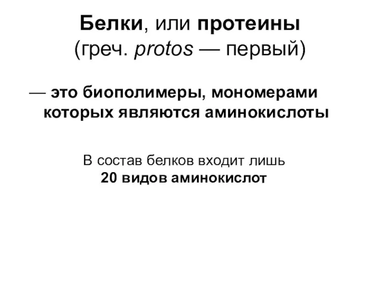 Белки, или протеины (греч. protos — первый) — это биополимеры, мономерами которых