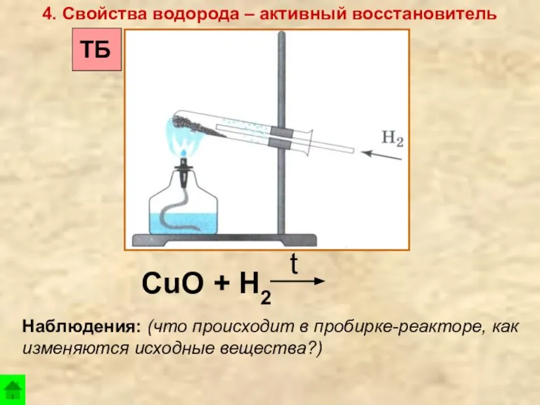 CuO + Н2 t 4. Свойства водорода – активный восстановитель Наблюдения: (что