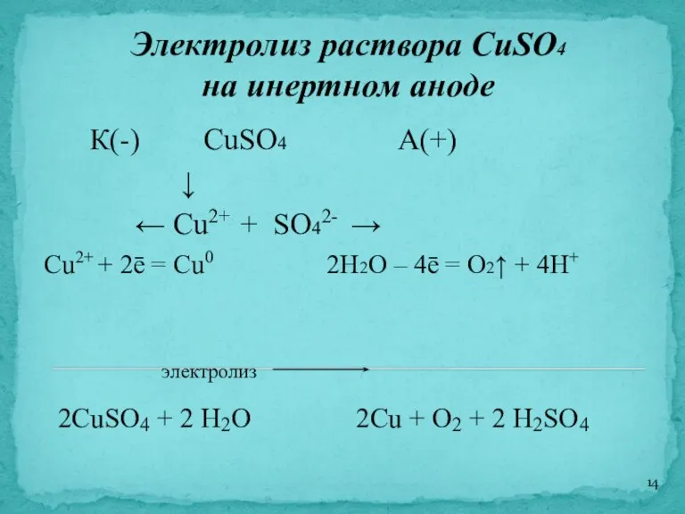 Электролиз раствора CuSO4 на инертном аноде К(-) CuSO4 А(+) ↓ ← Cu2+