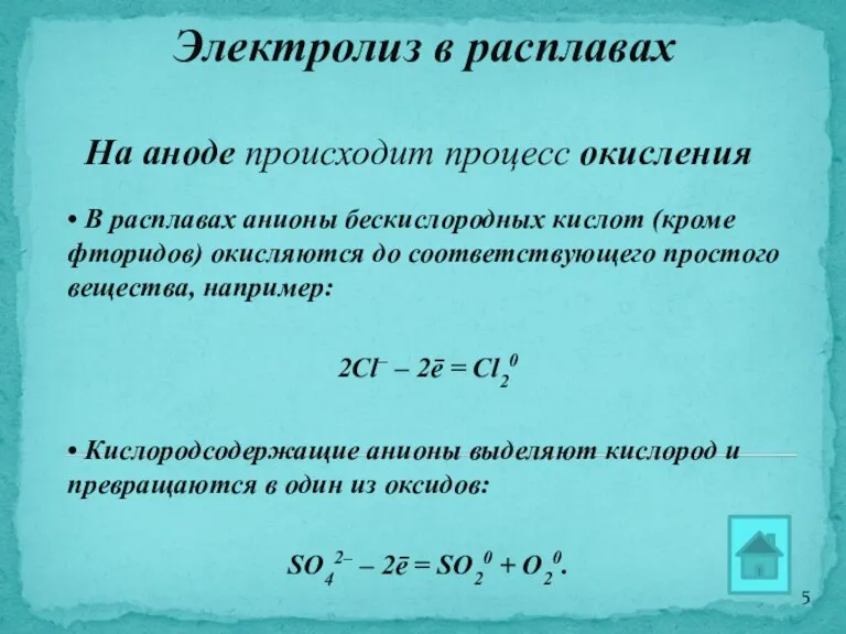 Электролиз в расплавах На аноде происходит процесс окисления • В расплавах анионы