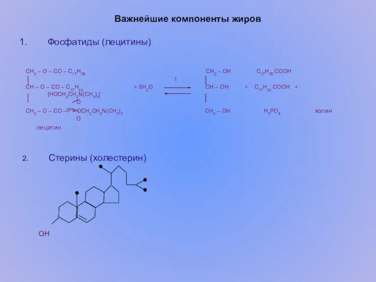 Важнейшие компоненты жиров Фосфатиды (лецитины) CH2 – O – CO – С17Н35