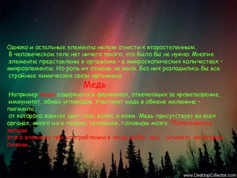 Однако и остальные элементы нельзя отнести к второстепенным. В человеческом теле нет