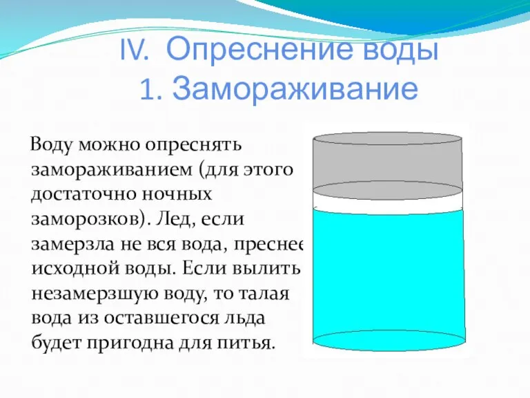 IV. Опреснение воды 1. Замораживание Воду можно опреснять замораживанием (для этого достаточно