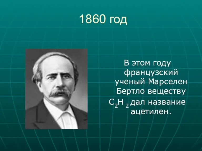 1860 год В этом году французский ученый Марселен Бертло веществу С2Н 2 дал название ацетилен.