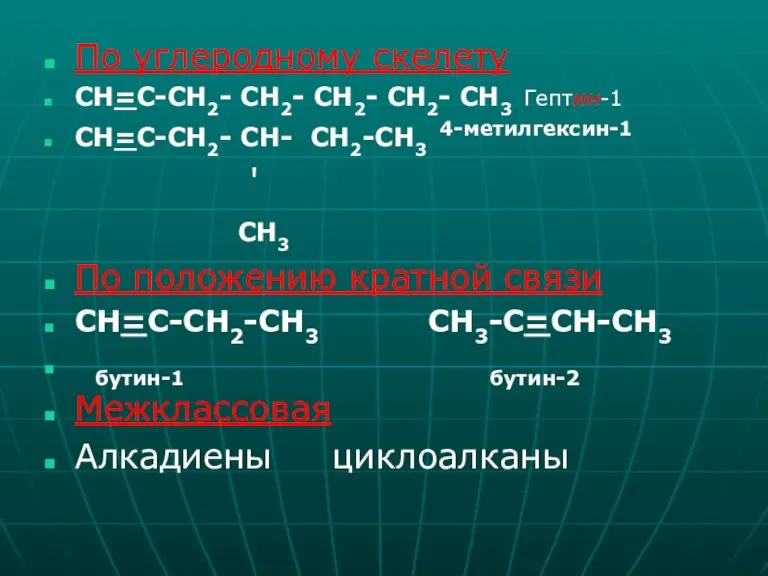 По углеродному скелету CH=C-CH2- CH2- CH2- CH2- CH3 Гептин-1 CH=C-CH2- CH- CH2-CН3