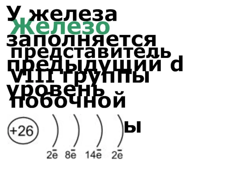 Железо представитель VIII группы побочной подгруппы У железа заполняется предыдущий d уровень