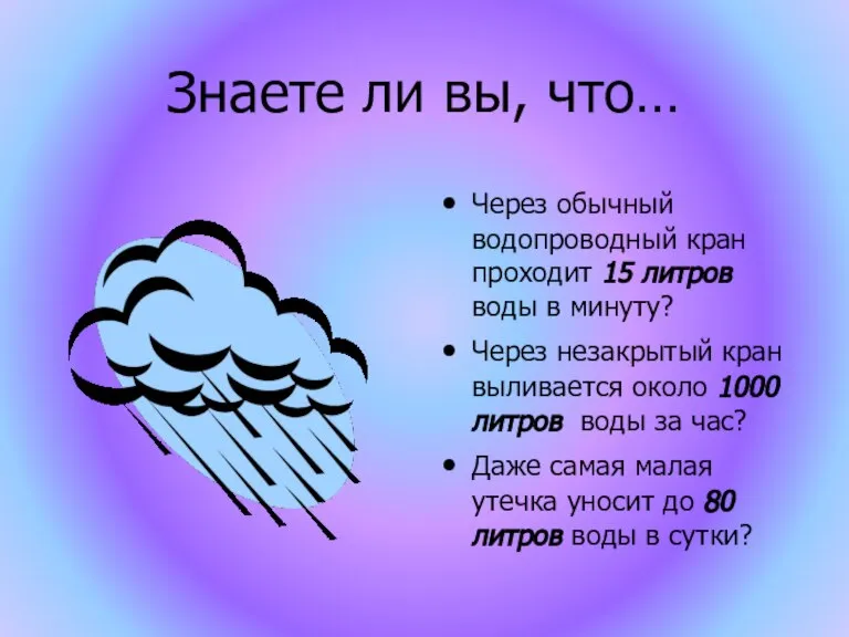 Знаете ли вы, что… Через обычный водопроводный кран проходит 15 литров воды